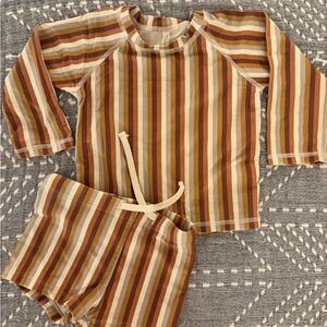 Rylee + Cru Kids swim suit Set in Brown and Cream Stripes